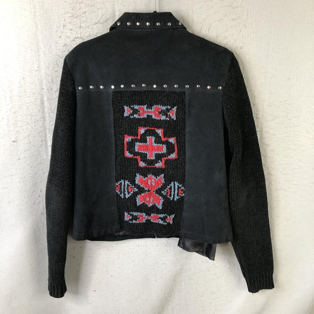 Montanaco Jacket Womens M Black Leather Knit Sleeves Studded Southwestern Boho